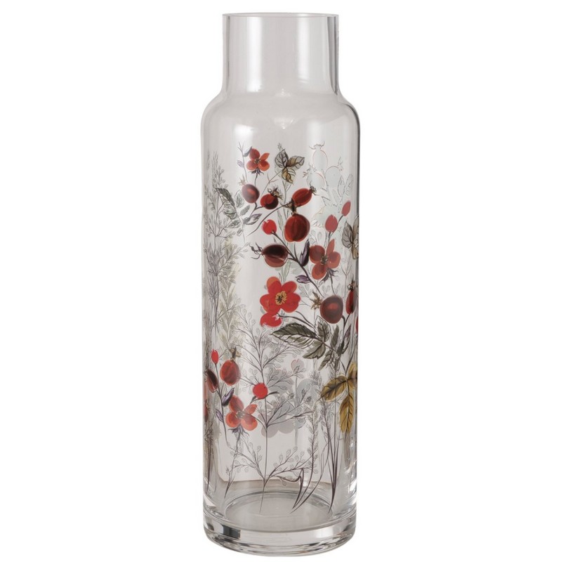 Vaso verticale in vetro decorato con rosa canina alto 30.5 cm, perfetto come decorazione autunnale
